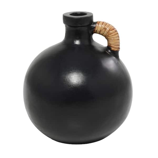 Litton Lane 11 in. Black Jug Inspired Ceramic Decorative Vase with Rattan Wrapped Handle