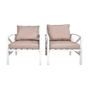 White Steel Luxury Cushion Outdoor Lounge Chair with Beige Cushions (Pack of 2)