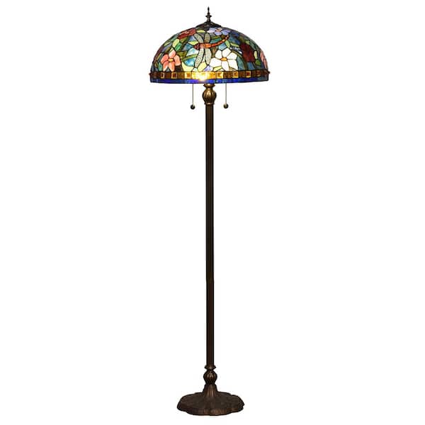Springdale Lighting 62 in. Josef Antique Bronze 2-Light Floor Lamp with Tiffany Art Glass Shade