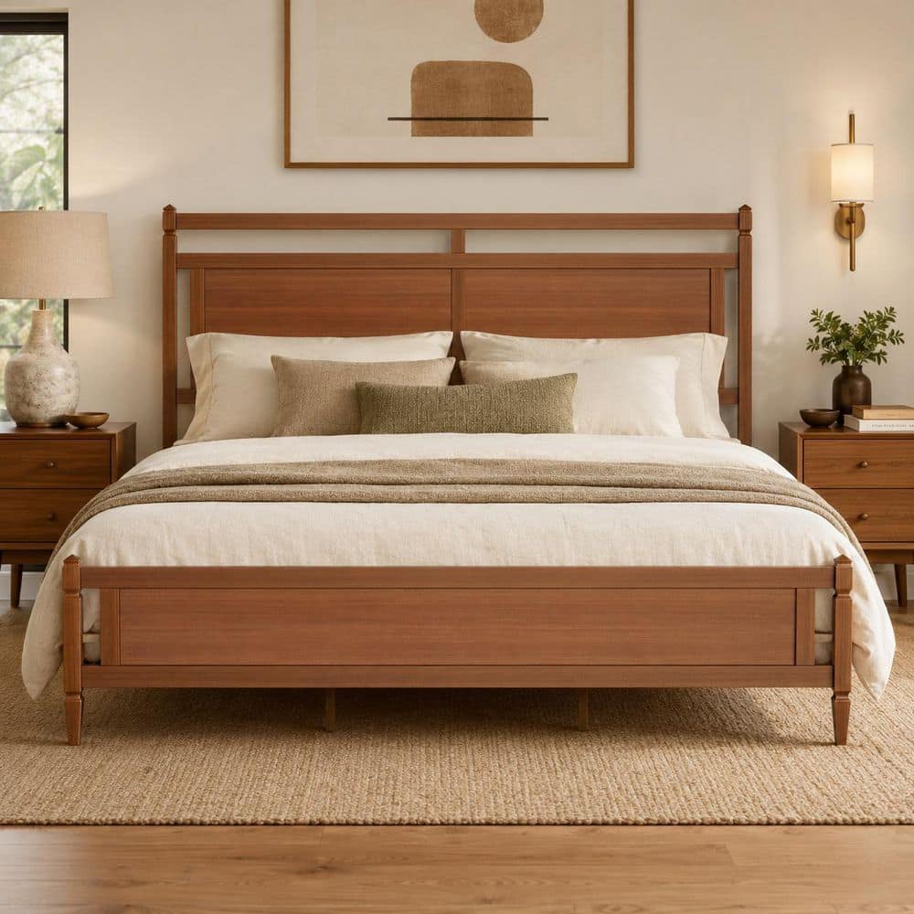 Walnut/Brown MDF Wood Frame King Size Platform Bed with Open Frame Panel Headboard and Footboard