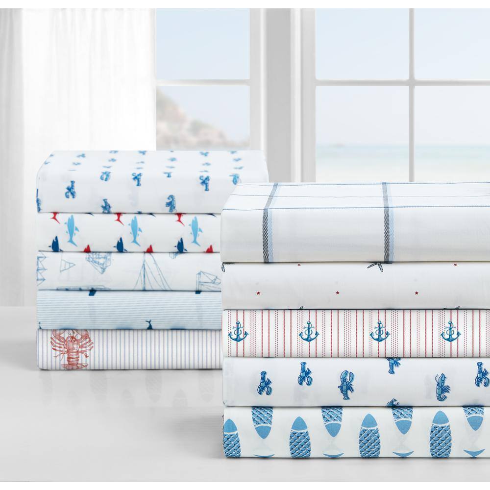 Twin XL Blue Cotton Percale Nautical Print Sheet Set