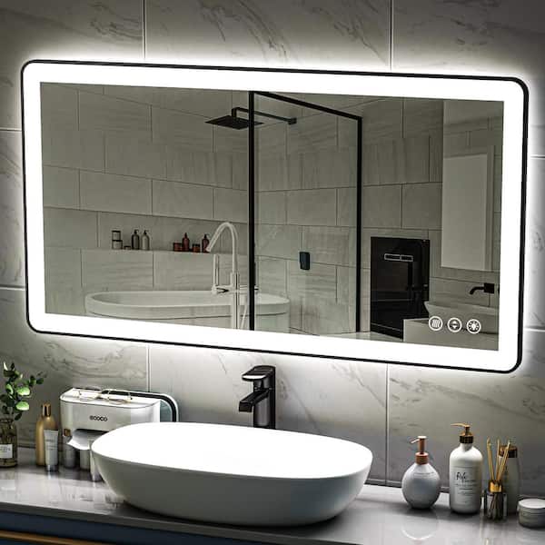 ORGANNICE 55 in. W x 36 in. H Rectangular Framed LED Anti-Fog Wall Mount Bathroom Mirror in Black with Backlit and Front Light