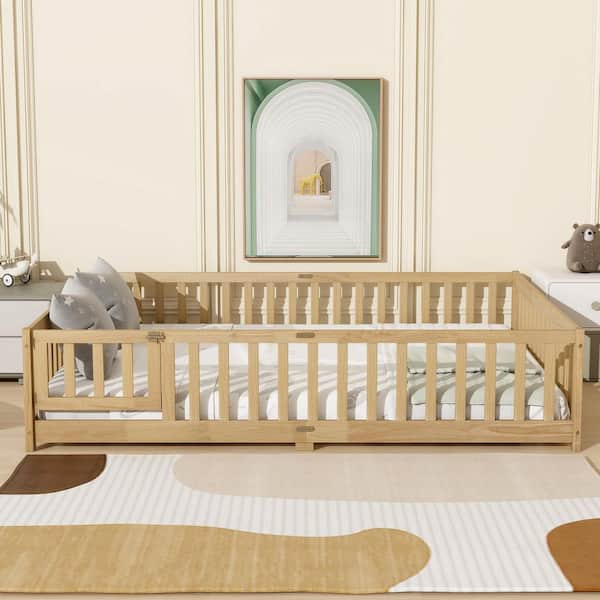 Stephany Brown Wood Frame Queen Size Platform Bed with Fence and Door