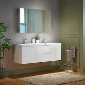 NJ 59 in. W x 19.63 in. D x 22.5 in. H Double Sink Floating Bath Vanity in White with White Resin Top