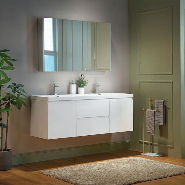 NJ 59 in. W x 19.63 in. D x 22.5 in. H Double Sink Floating Bath Vanity in White with White Resin Top