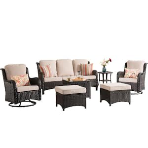 Maroon Lake Brown 7-Piece Wicker Patio Conversation Seating Sofa Set with Beige Cushions and Swivel Rocking Chairs