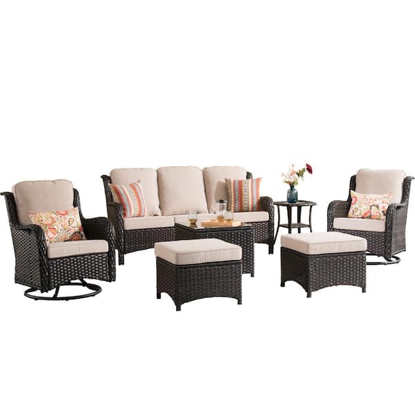 Moonlight Brown 7-Piece Wicker Patio Conversation Seating Sofa Set with Beige Cushions and Swivel Rocking Chairs
