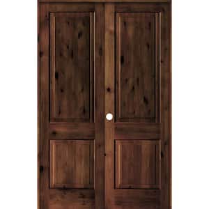 56 in. x 96 in. Rustic Knotty Alder 2-Panel Square Top Right-Handed Red Mahogany Stain Wood Prehung Interior Double Door
