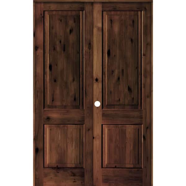 Krosswood Doors 64 in. x 96 in. Rustic Knotty Alder 2-Panel Square Top Right-Handed Red Mahogany Stain Wood Double Prehung Interior Door