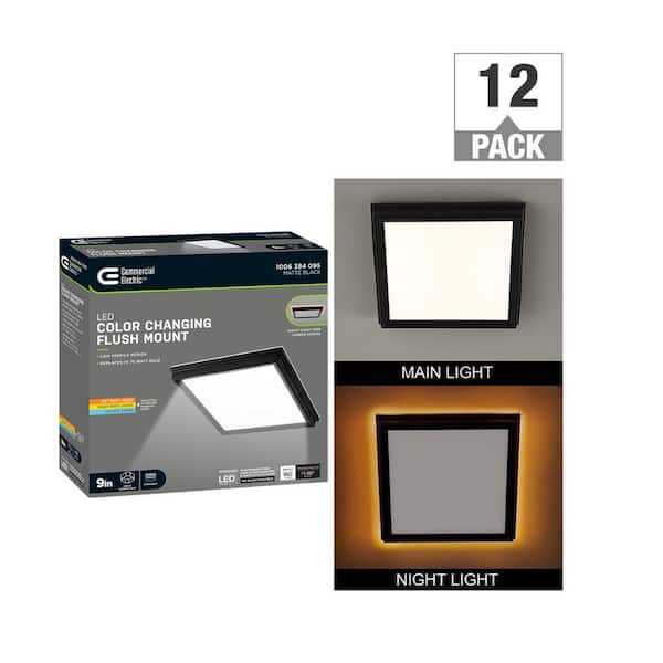 Commercial Electric 9 in. Matte Black Square Thin Profile LED Flush Mount with Night Light 900LM Adjustable CCT J-box Compatible (12-Pack)
