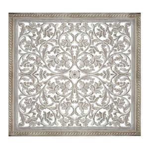 Distressed White Square Shape Panel with Cutout Sprig Pattern Wooden Wall