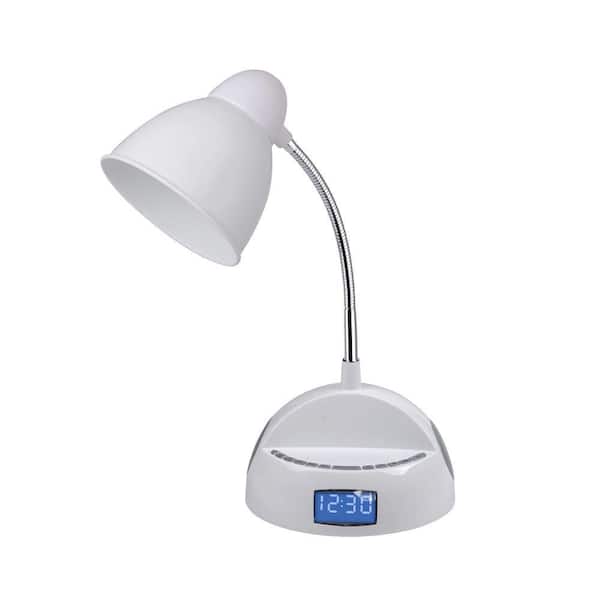 LighTunes 18.25 in. White Bluetooth Gooseneck Speaker Desk Lamp with Alarm Clock, FM Radio, and USB Charging Port