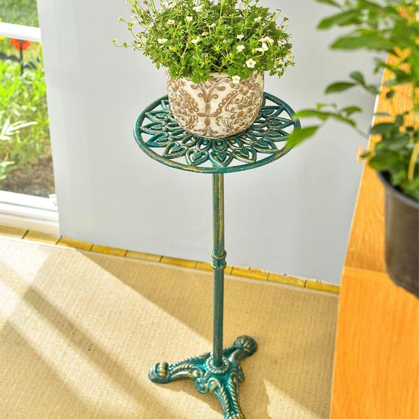 Unbranded 1-Tier Antique Green Cast Iron Flower Pot Plant Stand Indoor  Outdoor Garden Table (11.2 in. H W x 23.6 in. H) HP71011-056