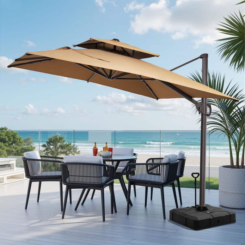 2-Tier 9.5 ft. Square Aluminum Outdoor 360° Rotation Cantilever Patio Umbrella in Tan, Wheeled Base with Pull Rod price history on PriceWatchPro