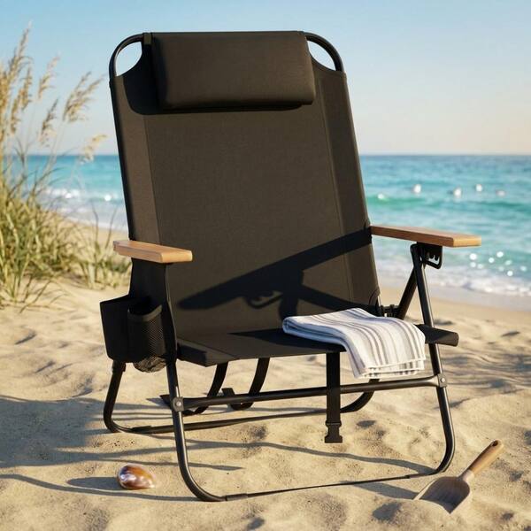 Black 5-Position Lay Flat Backpack Beach Chair Wooden Armrest