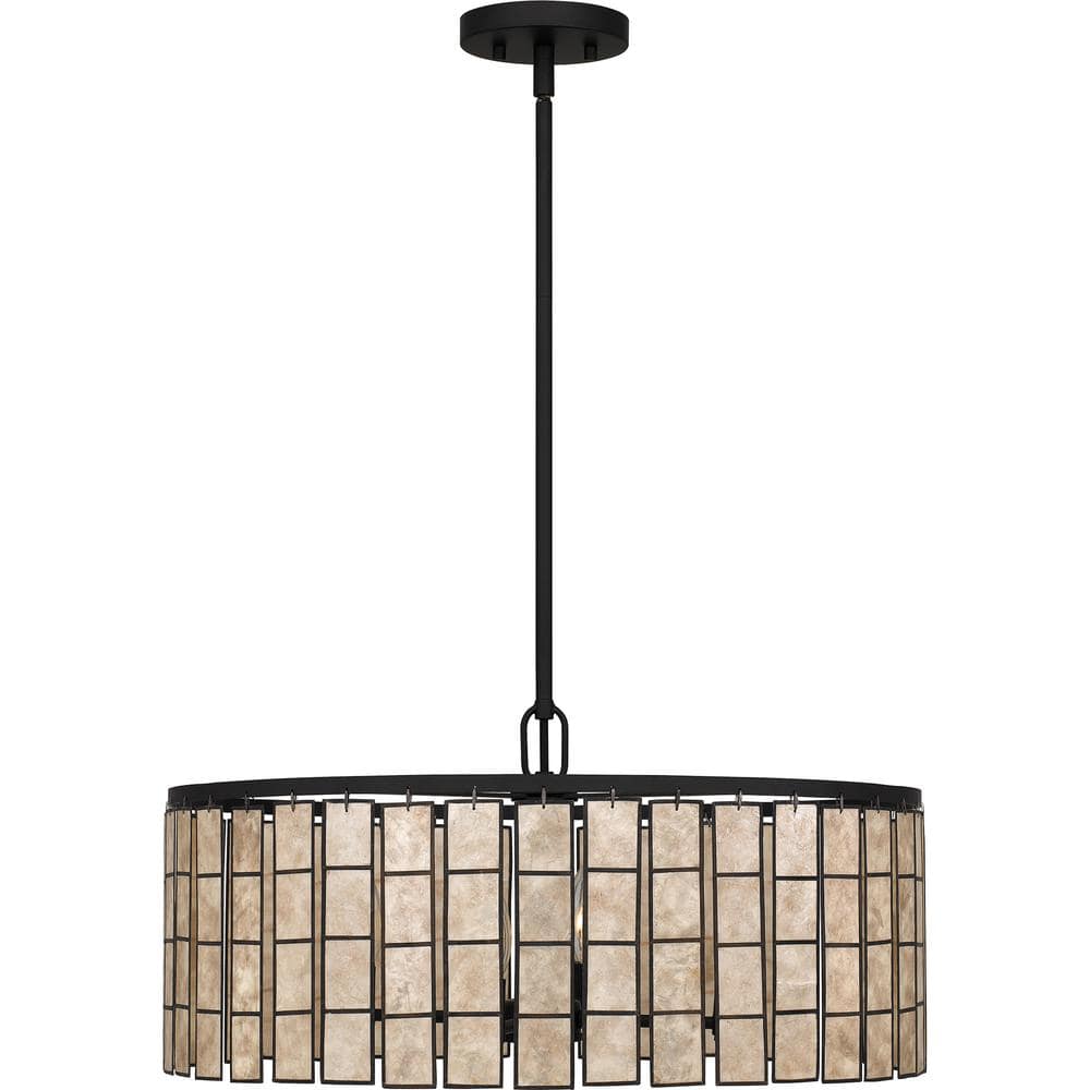 Matte Black Glass Drum Pendant Light with Amber Shade
