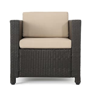 Dark Brown Iron-Framed Faux Rattan Outdoor Patio Lounge Chair with Beige Cushion