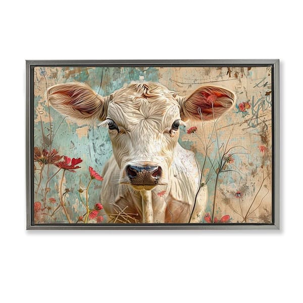 Stupell Industries Spring Country Cow by LSR Design Studio Gray Floater Frame Animal Graphic Art Print 17 in. x 25 in.