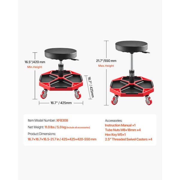 JEGS Mechanic Seat With Drawers | 300 LBS Capacity Adjustable Seat Height From 16 To 21 Round And Square Tool Tray 2 Drawers Four 2 5 Caster Wheels