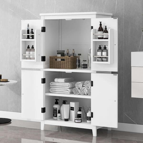 White 43.3 in. H Accent Cabinet, Bathroom Storage Cabinet with 4 Doors, Adjustable Shelves, Adaptable Shelves