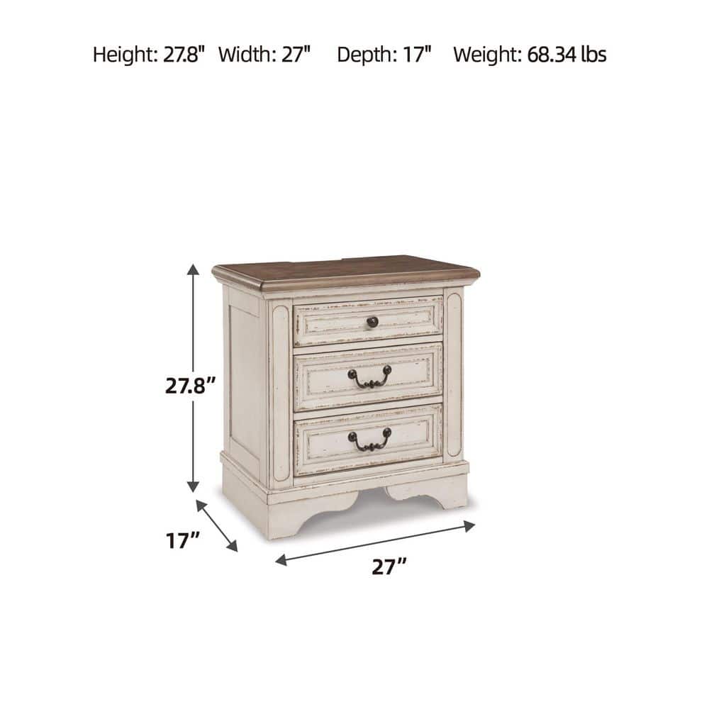 Chipped White & Distressed Wood 3-Drawer Nightstand with USB Ports