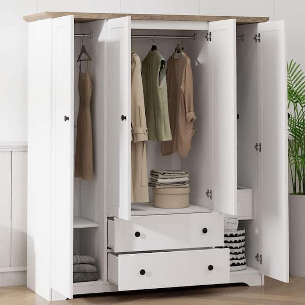 Harper & Bright Designs White 60.6 in. 4-Doors Wardrobe Armoire with Storage Shelves, 2 Drawers and Built-in Hanging Rail