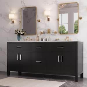 72 in. W. x 22 in. D x 36 in. H Double Sink Freestanding Bath Vanity in Black with White Engineered Marble Top