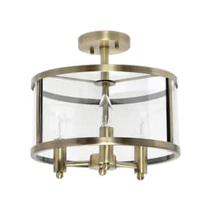 13 in. 3-Light Antique Brass Iron and Glass Shade Industrial Ceiling Mounted Round Semi-Flush Mount