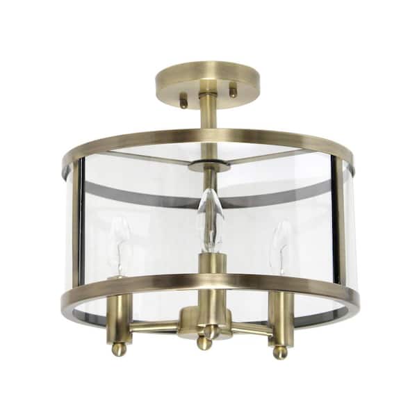 Elegant Designs 13 in. 3-Light Antique Brass Iron and Glass Shade Industrial Ceiling Mounted Round Semi-Flush Mount