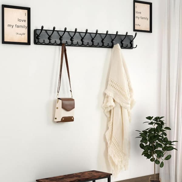 Wall Coat Hook Rack – Set Of 3, Black Walnut Wood & Black Metal, Heavy Duty For Coats, Hats, Bags