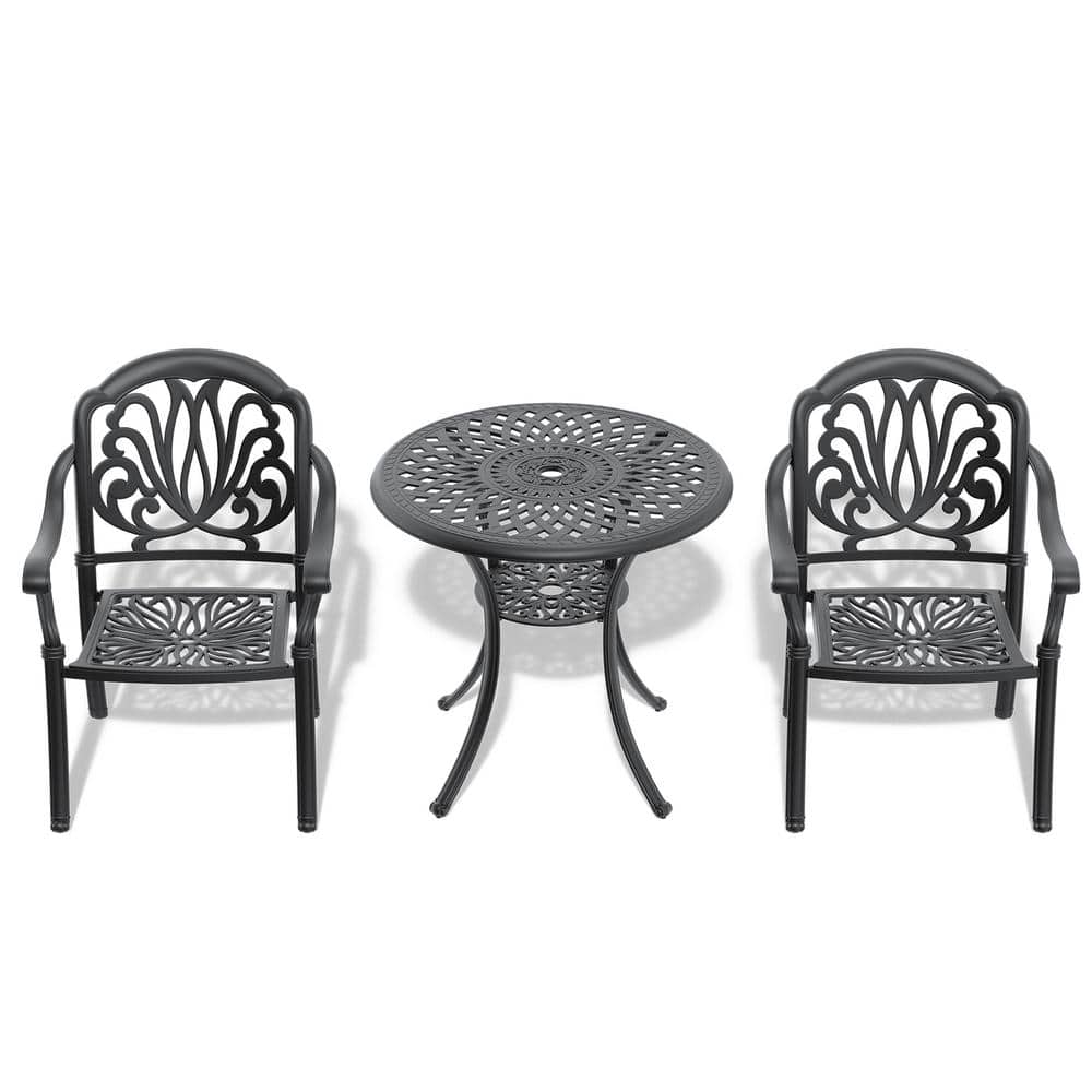 3-Piece Cast Aluminum Outdoor Bistro Set Patio Table Set with Umbrella Hole