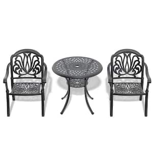 3-Piece Cast Aluminum Outdoor Bistro Set Patio Table Set with Umbrella Hole and Seat Cushions In Random Colors