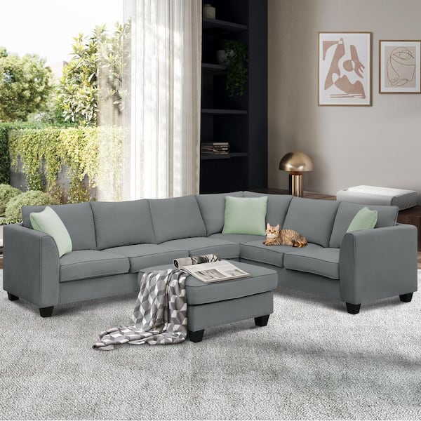Harper & Bright Designs 112 in. Flared Arm 1-Piece Fabric L-Shaped Sectional Sofa in Gray with Ottoman