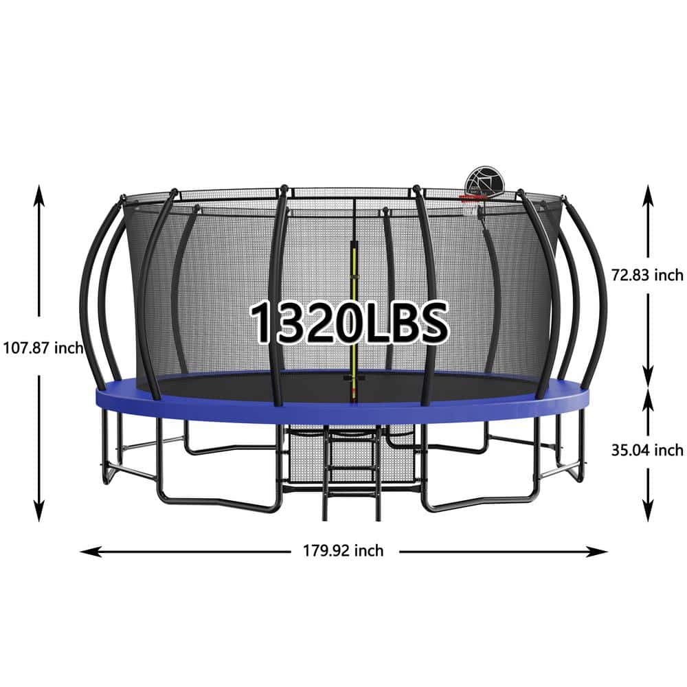 15FT Round Black and Blue Trampoline with Enclosure Net and Ladder
