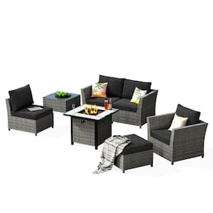 Bexley Gray 7-Piece Wicker Fire Pit Patio Conversation Seating Set with Black Cushions