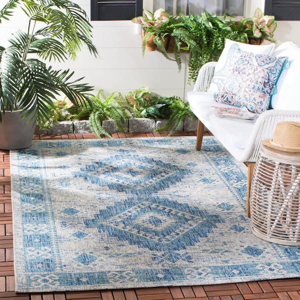 Courtyard Light Gray/Blue 9 ft. x 12 ft. Geometric Indoor/Outdoor Patio  Area Rug
