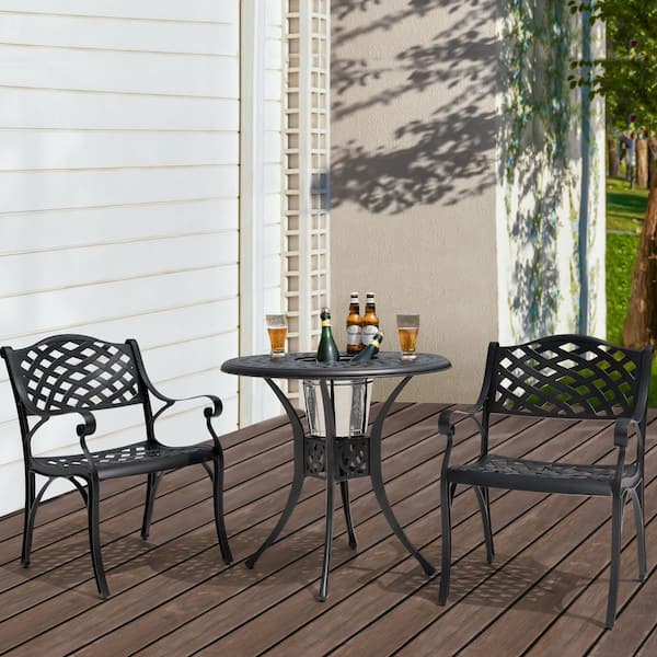 3-Piece Cast Aluminum Outdoor Bistro Set Patio Table Set with Umbrella Hole in Black