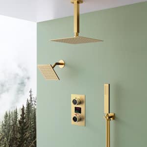 3-spray Dual Shower Head and Handheld Shower Head with Temperature Displa 2.5 GPM y in Brushed Gold(Valve Included)