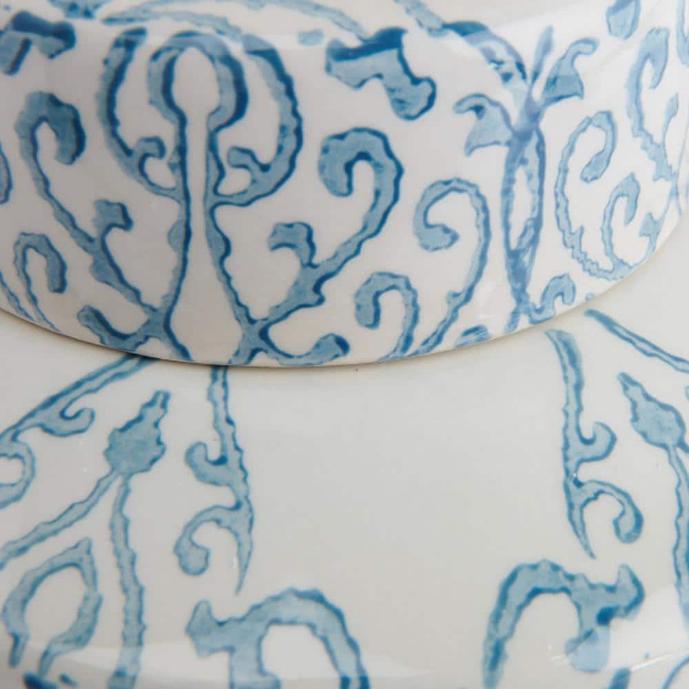 Elegant Blue and White Floral Ceramic Ginger Jar, 10" High