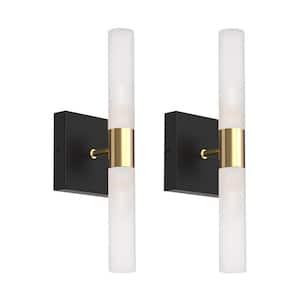 3.94 in. 2-Light Black and Gold Cylinder Bathroom Vanity Light Wall Sconces with Frosted White Glass Shade (2-Pack)