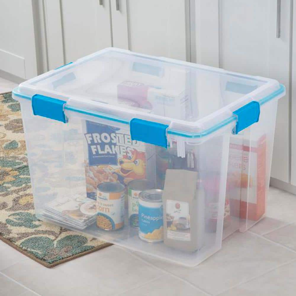 Clear Plastic Stackable Storage Bins with Blue Latching Lid, 80 Qt, 4 Pack