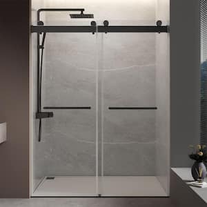 60 in. W x 76 in. H Double Sliding Frameless Shower Door with 0.39 in. Clear Glass and Buffer Function, Matte Black