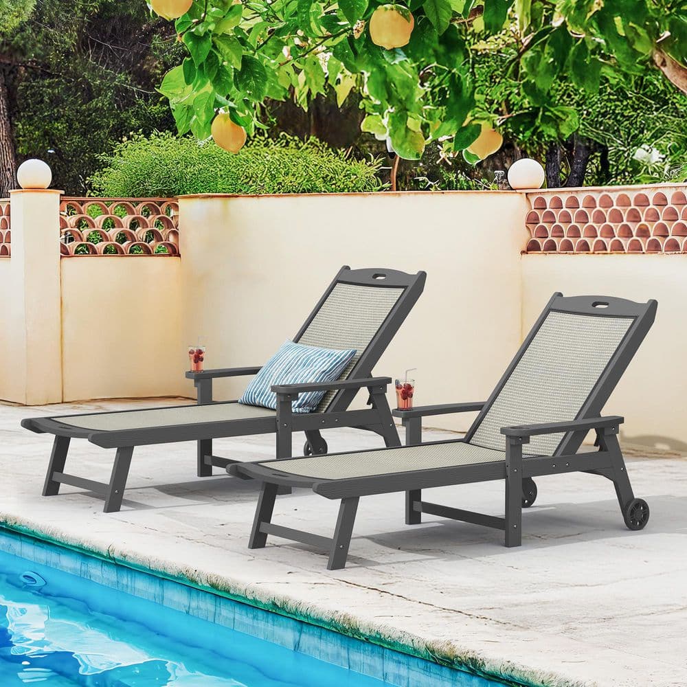2-Piece Dark Gray HDPS Plastic Patio Outdoor Chaise Lounge Chairs with Wheel Adjustable Textilene Recliner price history on PriceWatchPro