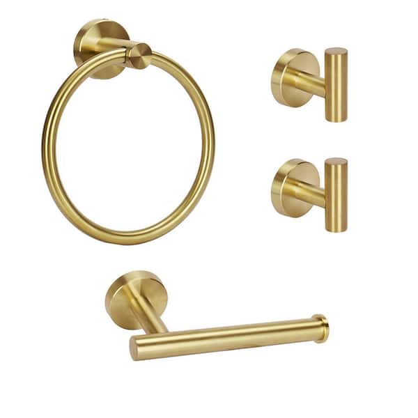 Langsun 4-Piece Bath Hardware Set with Towel Ring Toilet Paper Holder and Towel Hook in Brushed Gold