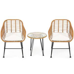 3-Piece Wicker Rattan Patio Outdoor Bistro Set Conversation Furniture Set with White Cushions