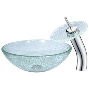 Choir Series Round Deco-Glass Vessel Sink in Crystal Clear Mosaic with Matching Chrome Waterfall Faucet