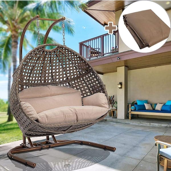Brown Wicker Hanging Double-Seat Swing Chair with Stand with Beige Cushion