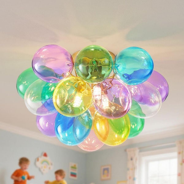 15 in. 3-Light Bubble Ball Flush Mount Cluster Golden Chandelier with Colorful Glass Shade LED Bulb Included