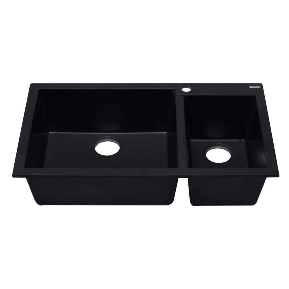 34'' Black Granite Double Bowl Drop-In Kitchen Sink