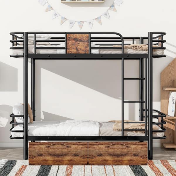 Black Twin XL Over Twin XL Metal Bunk Bed with MDF Board Guardrail and 2-Storage Drawers